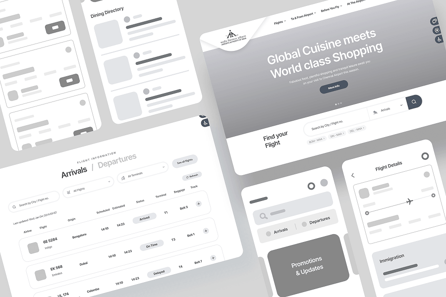 Low-fidelity wireframes for the Chennai International Airport website and app